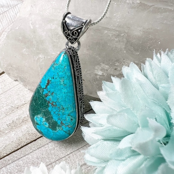 RESERVED/SOLD TURQUOISE Pendant Necklace Vintage Style New Sterling Silver 925 - Picture 2 of 7